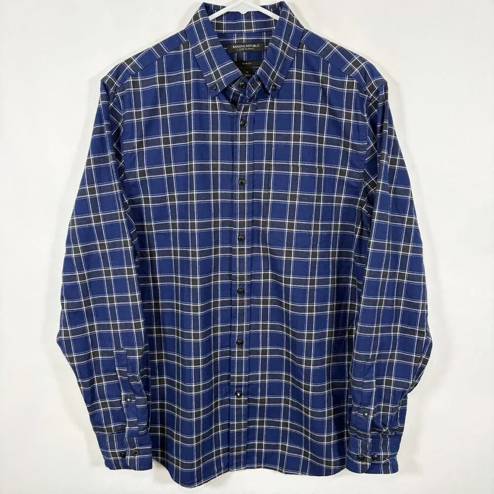 Banana Republic Luxe Flannel Slim Fit Button Down Shirt Mens Blue Black Plaid